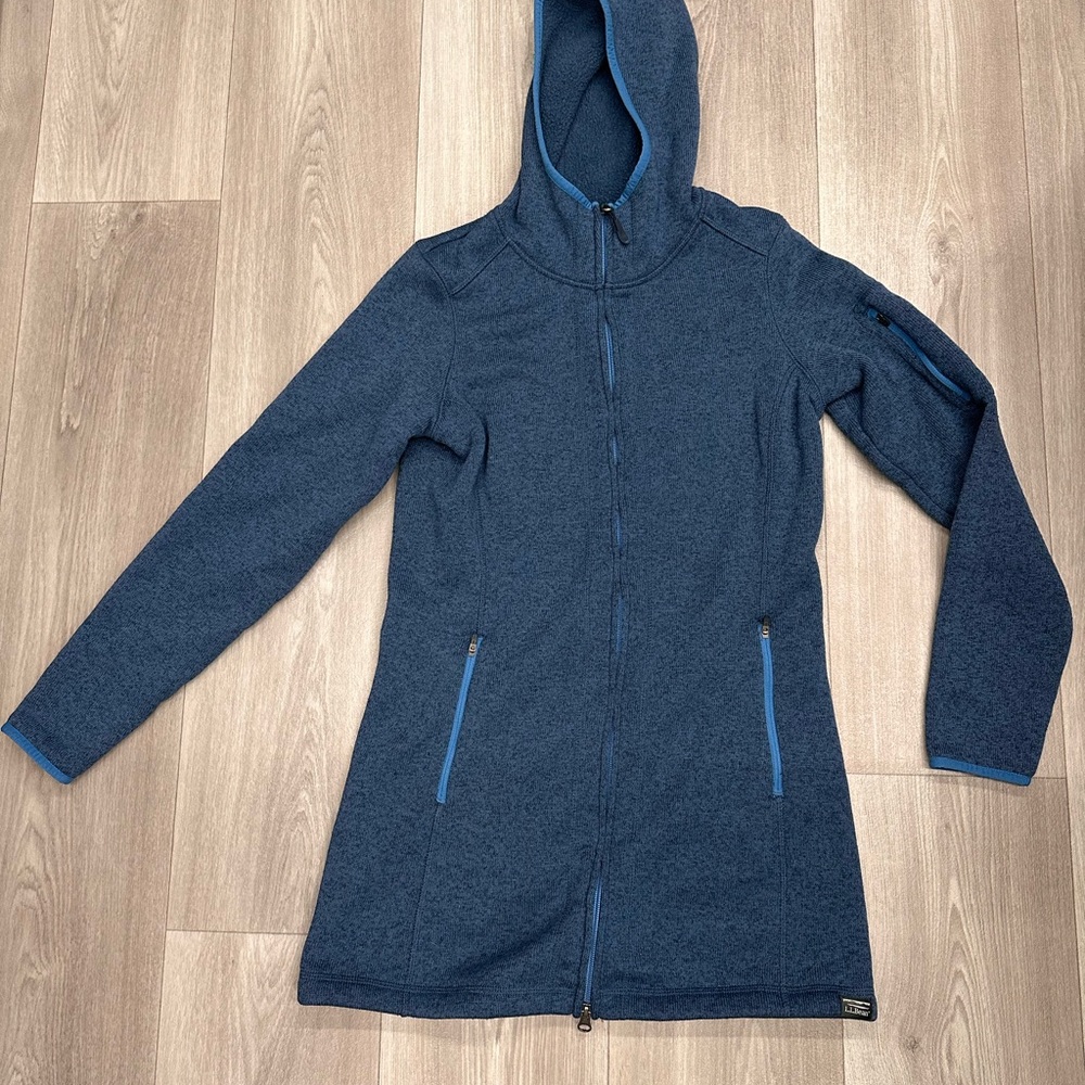 L.L. Bean Blue Sweater fleece solid coat/ Parka with Hood and Full-Length Zipper